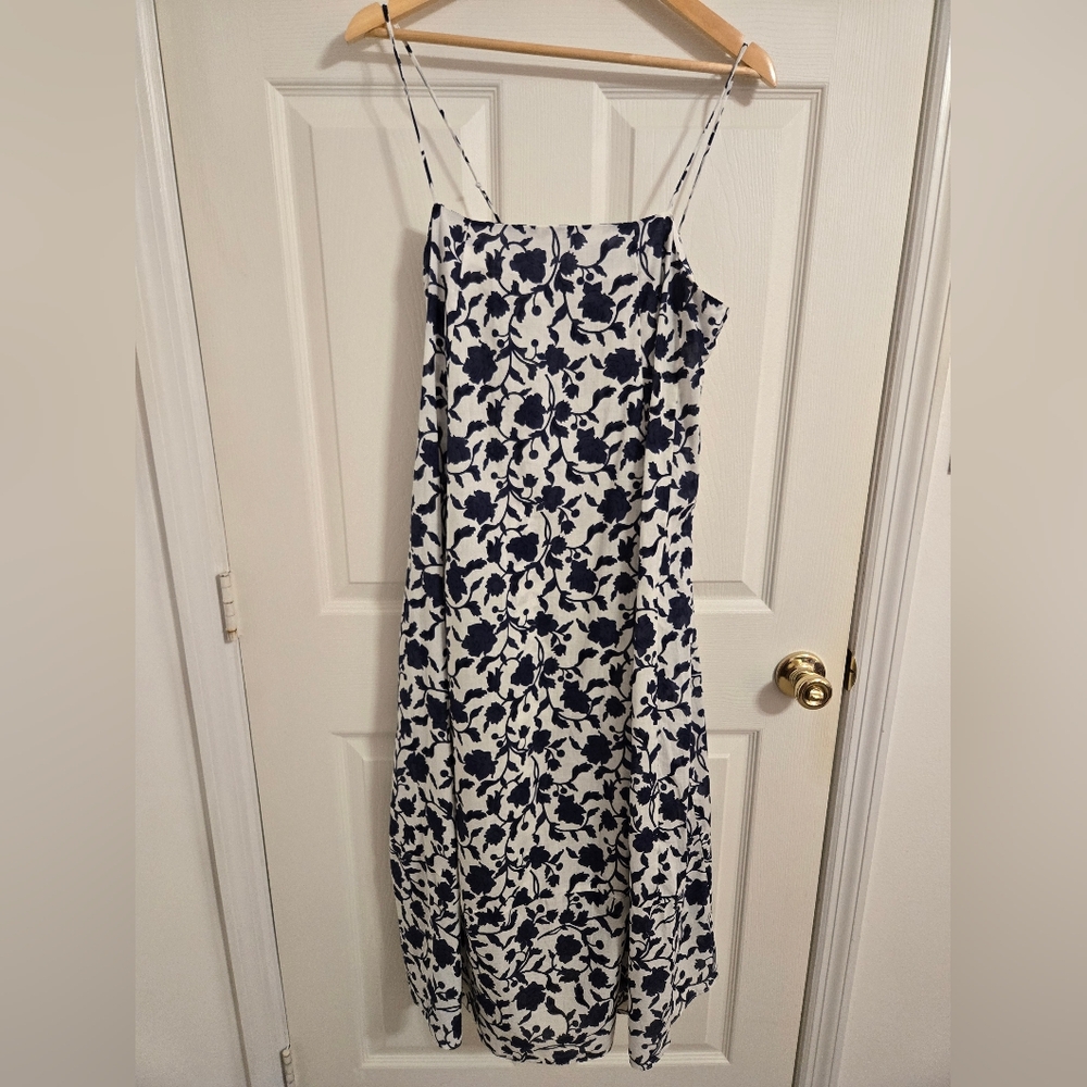 Zara White And Blue Floral Spaghetti Strap Maxi Cotton Dress Size Medium